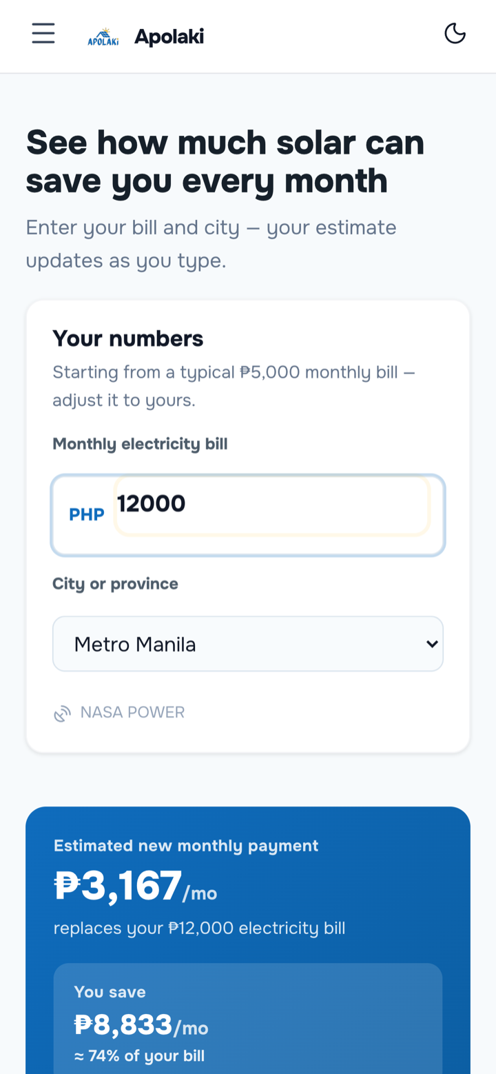 Step 1 — enter your monthly bill and city for an instant estimate