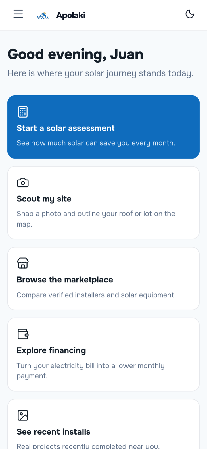 Apolaki app home — personalized greeting with quick actions to start a solar assessment, scout your site, browse the marketplace, explore financing, and track saved projects